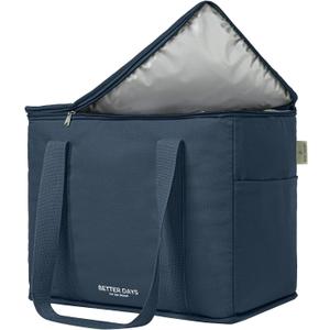 Reusable Insulated Grocery Bag - Canvas, Leak Proof, X Large Cooler Bag, Insulated Shopping Bags for Groceries, Travel Cooler Bag for Frozen and Hot Food with Zippered Top (Deep Blue)