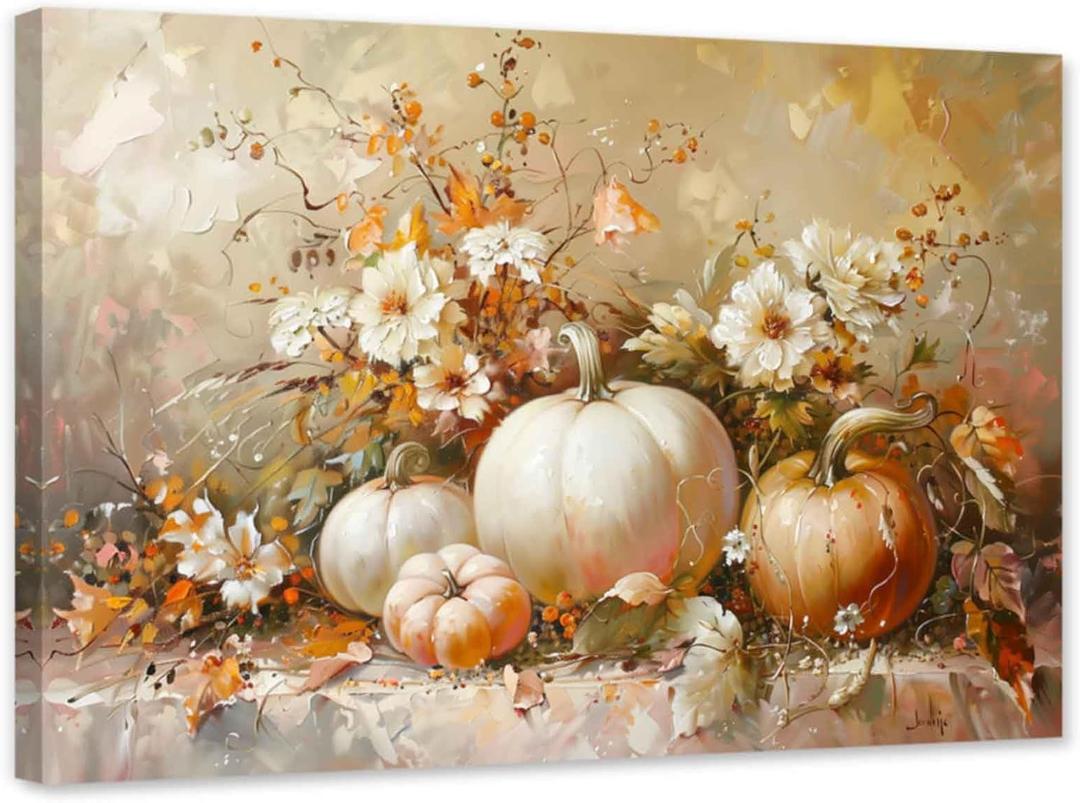 ARTZGX White Pumpkin Wall Art Autumn Canvas Fall Harvest Theme Pictures Fall Leaf Painting for Thanksgiving Wall Decor Frame(Brown 24.00" x 36.00")