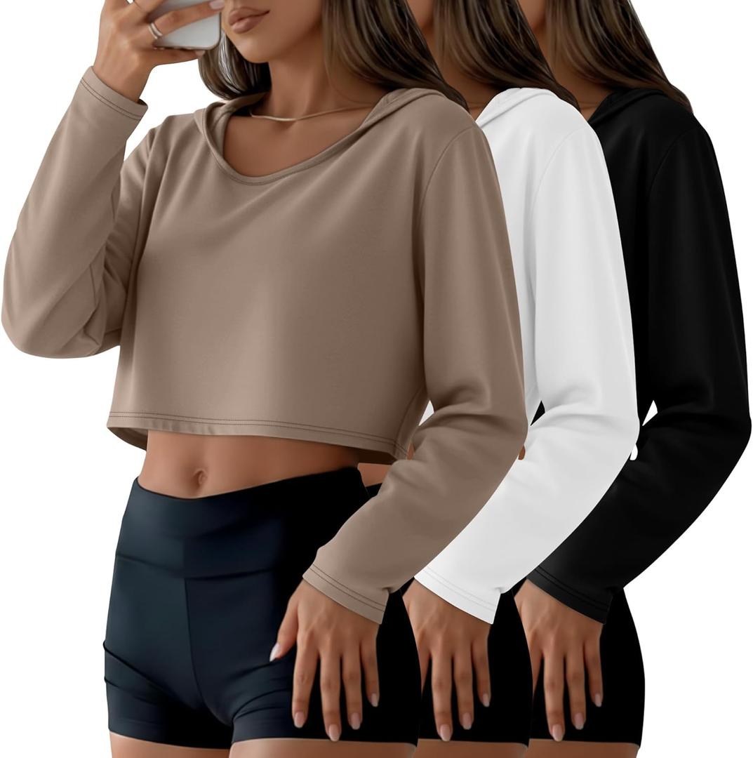 3 Pack Women's Cropped Hoodies Long Sleeve Lightweight Hooded Shirts U Neck Crop Tops Basic Casual Pullover (Black, White, Khaki) Large