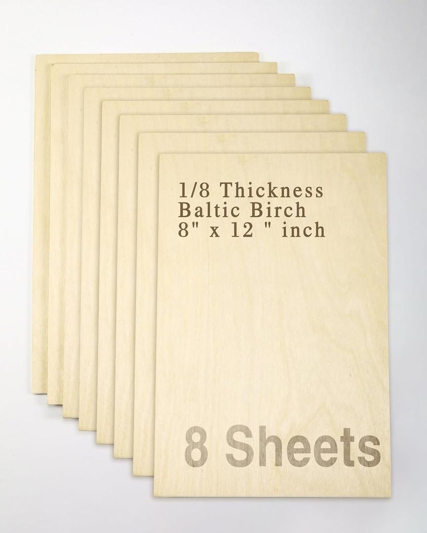 Baltic Birch Plywood - 1/8 Inch Thickness - 8" x 12" Wood Sheets for Laser Cutting, CNC Cutting and Crafts - Pack of 8, by TX liteart
