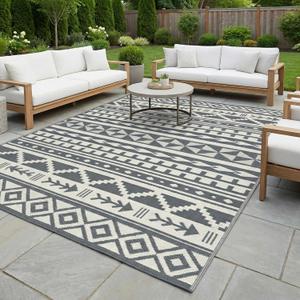 Outdoor Rug Geometric Black and White 9x12 Waterproof | Extra Large Reversible Plastic Straw Outdoor Patio Rug 0.13" Thick for Big Space