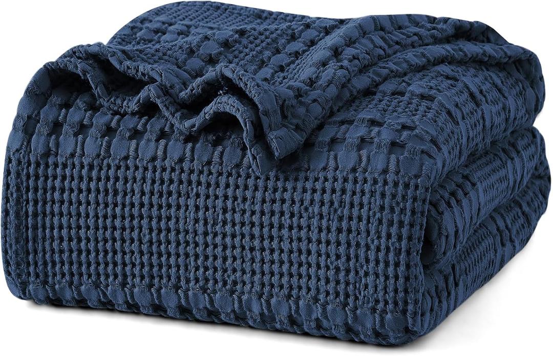 PHF 100% Cotton Waffle Weave Blanket King Size for Bed, Soft Lightweight & Breathable for Spring and Summer, All-Season Comfort, Luxury Aesthetic Blanket for Home Decor, 108"x90", Blue Sapphire