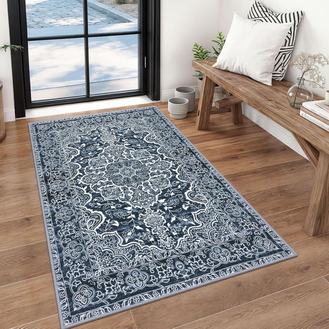 KUTA 3x5 Rugs for Entryway Non-Slip Washable Area Rug, Vintage Floral Kitchen Rugs Navy Blue, Ultra Soft Printed Medallion Tribal Entry Low-Pile Carpet for Entrance Bedroom Nursery Dorm Dcor