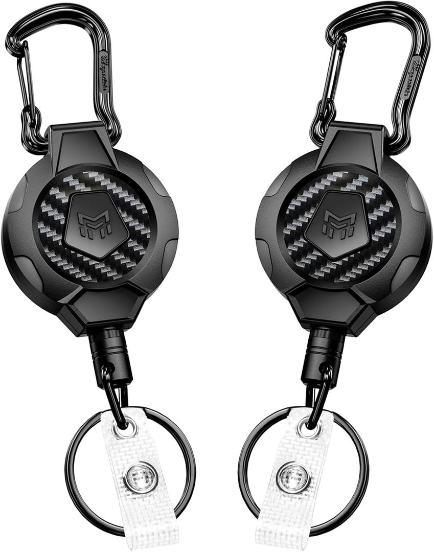 MNGARISTA 2-Pack Retractable Keychain, Heavy Duty 10 OZ Retraction 3K Carbon Fiber ID Badge Reel, Carabiner Badge Holder Hook Upgraded 31.5" Stainless Steel Cord Lanyard with Clip Strap and Key Ring