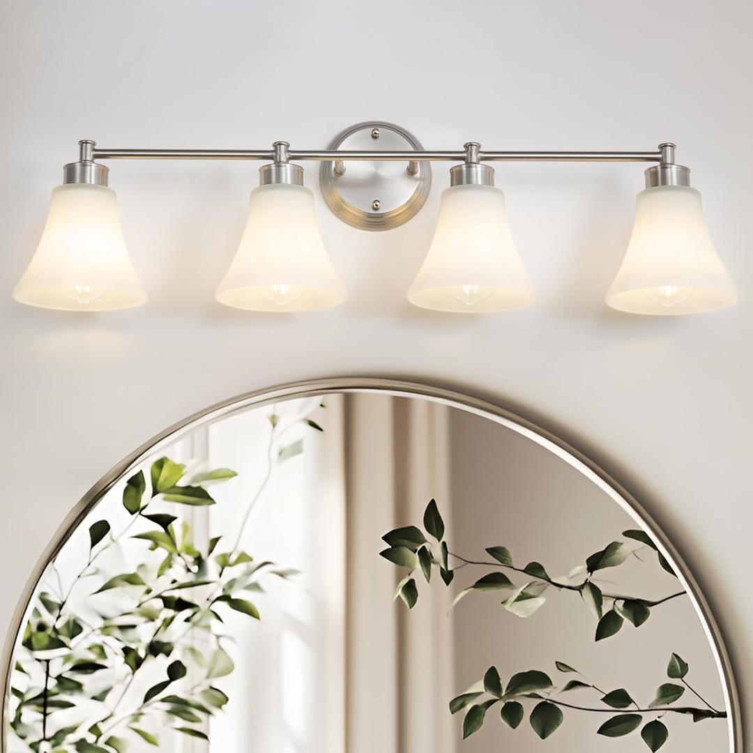 LOUSACE 4 Light Bathroom Vanity Light Brushed Nickel Bathroom Lighting Fixtures Over Mirror with Opal White Frosted Glass, Vintage Traditional Wall Lighting Fixture Satin Nickel Vanity Lights