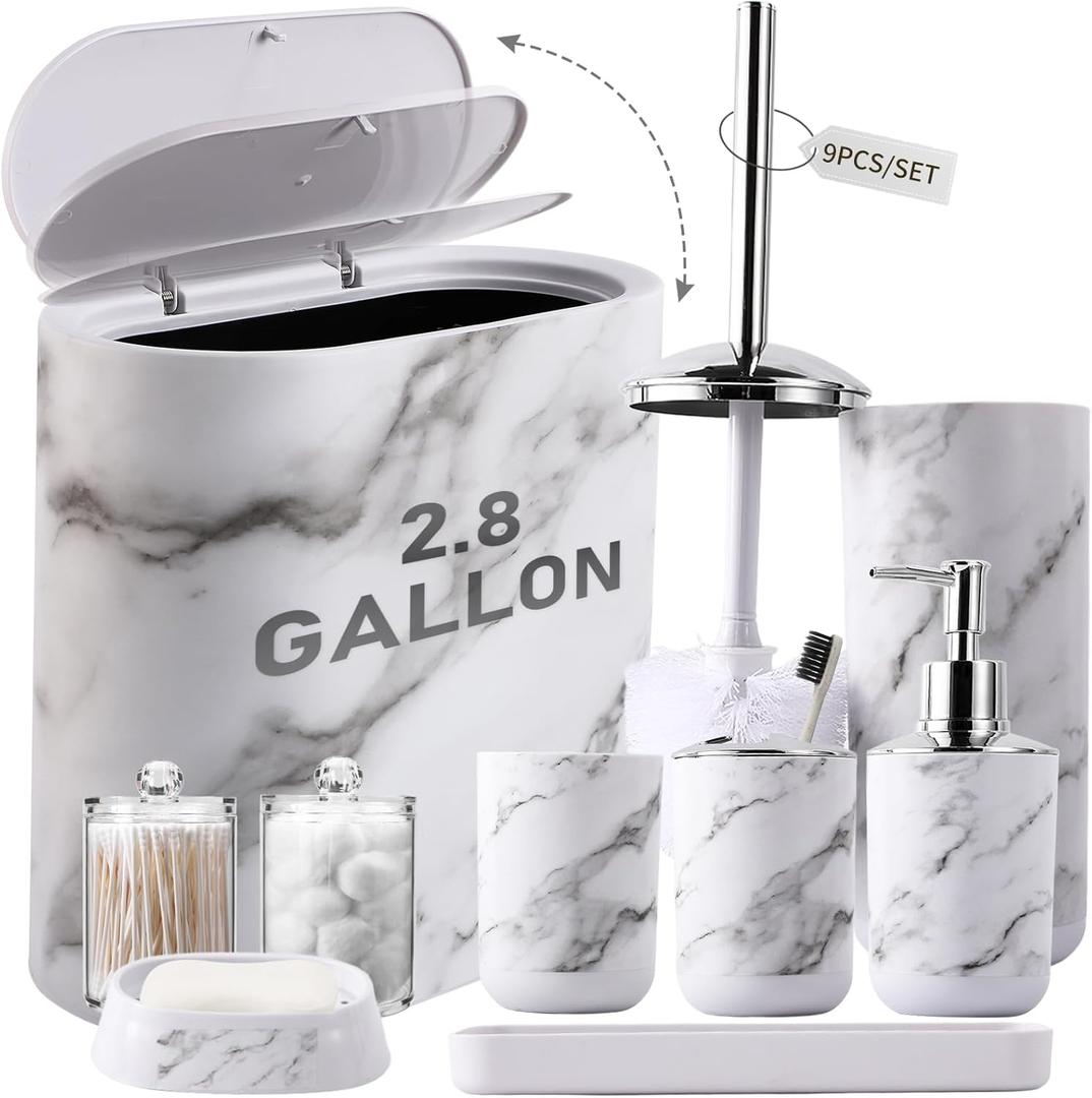 Bathroom Accessories Set, 9-Piece Marble White Bathroom Set, White Bathroom Accessories with Slim Trash Can, Soap Dispenser, Toilet Brush, Toothbrush Set, Qtip Holders
