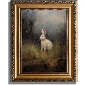 KBKBART Vintage Framed Wall Art for Living Room, Dark Academia Decor Wild Hare Rabbit Vintage Oil Painting, Retro Animal Bunny Canvas Art Prints Wall Decor for Dark Aesthetic, Gold Framed Artwork, 9"x12"