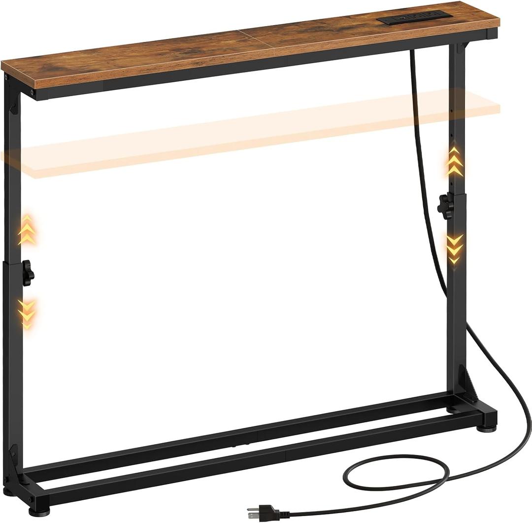 HOOBRO Narrow Console Table with Charging Station, Adjustable Height Sofa Table (25''-32.9''), Slim Behind Couch Table for Small Spaces, Entryway, Living Room, 39.4" Rustic Brown BF95UXG01, 39.4"W x 5.9"D x 32.9"H