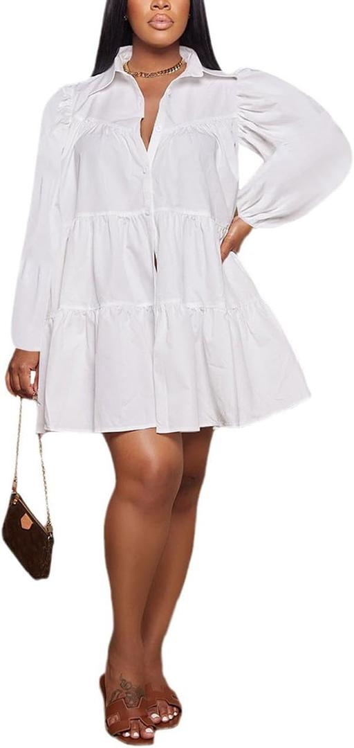 WOKANSE Women's 2024 Fall Cute Babydoll Ruffle Hem Puff Sleeve Dress Loose Plus Size Shirt Dresses (X-Large, 1-white)