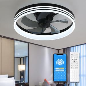20" Modern Ceiling Fans with Lights and Remote, Flush Mount Bladeless Dimmable Ceiling Lights, Stepless Color Temperature Changes Low Profile Ceiling Fan for Bedroom, Living Room- DBlack (DarkBlack)