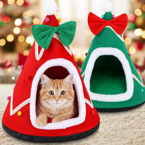 Novabright 2 Pcs Small Christmas Tree Cat Bed - Red & Green (1 Each), 15x16 Inches, Cotton Fleece Cave Bed with Non-Slip Bottom for 6 Lbs Kittens/Small Cats