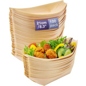 MATANA 8.3" Inch Large Bamboo Plates Disposable 100 Pack - Biodegradable Sushi Boat Serving Tray, Wood Paper Plates for Appetizer, Taco, Snacks, Disposable Bamboo Bowls & Vessel for Parties