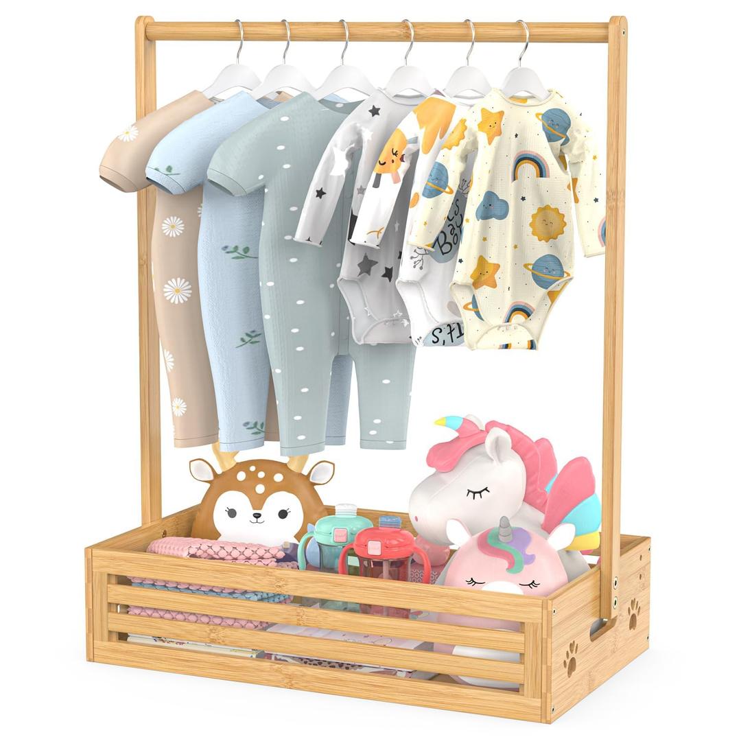 BAMBOOHOMIE Baby Clothing Rack for Toddler, Pets Clothes Rack with Storage Box & Adjustable Hanging Rod for Dogs/Cats, Baby Shower Clothes Closet Rack with Handle for Nursery Room (Natural, Baby)