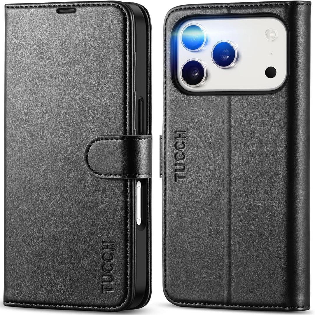 TUCCH Wallet Case for iPhone 17 Pro (6.3") 2025, RFID Blocking 4 Card Holders | Kickstand | Shockproof TPU Shell | PU Leather | Magnetic Closure | Protective Flip Folio Cover | Black