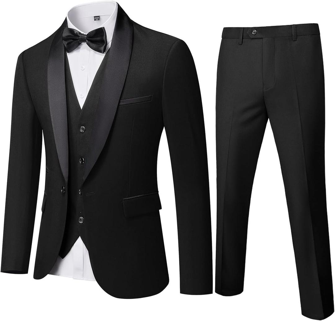 MY'S Mens 3 Piece Tuxedo Set with Bow Tie, Shawl Lapel One Button Jacket Vest & Pants, Slim Fit Suit Prom Party Wedding Tux (Black), Small
