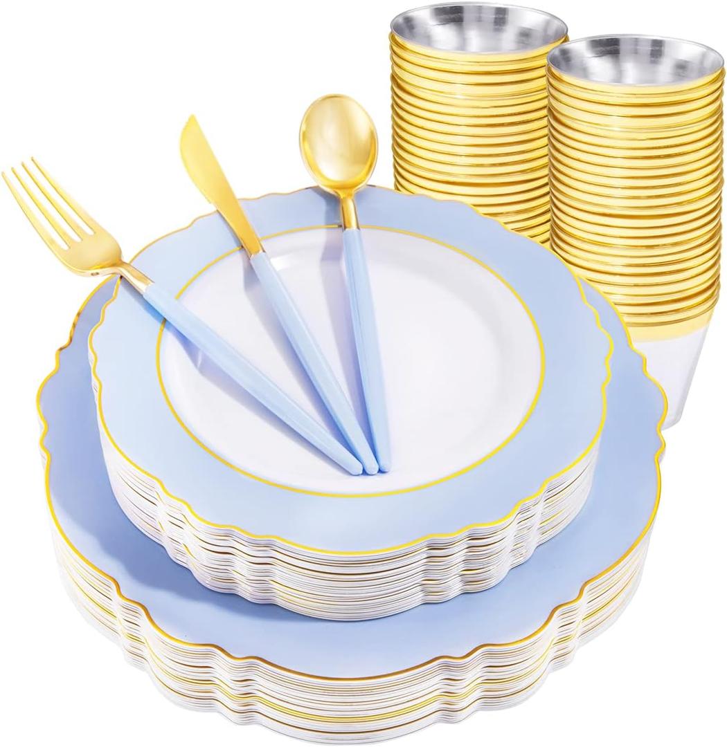 WDF 150pieces Baby Blue Plastic Plates with Gold Rim - Disposable Gold Plastic Silverware With Blue Handle-Baroque Light Blue&Gold Disposable Plates Dinnerware for Wedding/Graduation