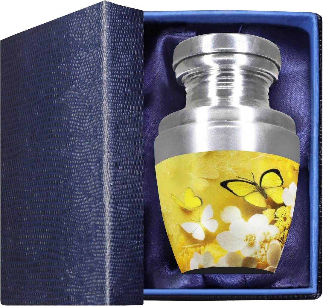 M MEILINXU Small Urn for Ashes for Women or Man, Keepsake Urns for Human Ashes Female & Male, Mini Decorative Urns, Miniature Cremation Container, Yellow Butterfly and Flowers - Little Urn