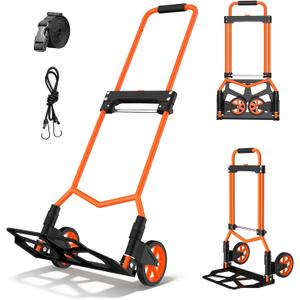 Folding Hand Truck, 180Lbs Capacity, Portable Dolly Cart with 5.9" Wheels and Telescoping Handle, Lightweight Hand Truck Dolly for Dormitory, Home, Office, Food, Shopping, logistics, Warehouse, Orange