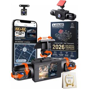 2026 New Full View Wireless Car Dashcam System,4k 4-Channel 360 Panoramic Dash Camera WiFi 6 Driving Recorder,Infrared Night Vision,24/7 Parking Monitor,G-Sensor,Motion Detection(64g)