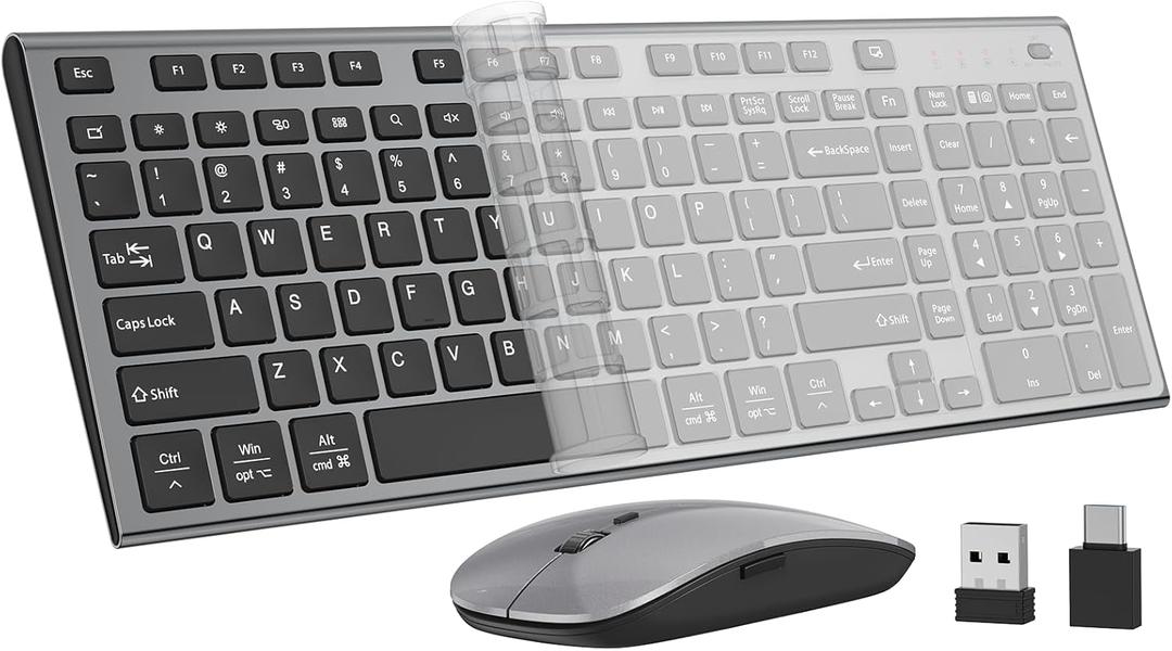 Wireless Keyboard and Mouse, GALENMORO Silent Quiet Combo Low Profile USB C Full Size Compact with Number Pad Flat Soft Touch Cordless for Mac Computer PC Laptop MacBook iMac Office - Black and Gray