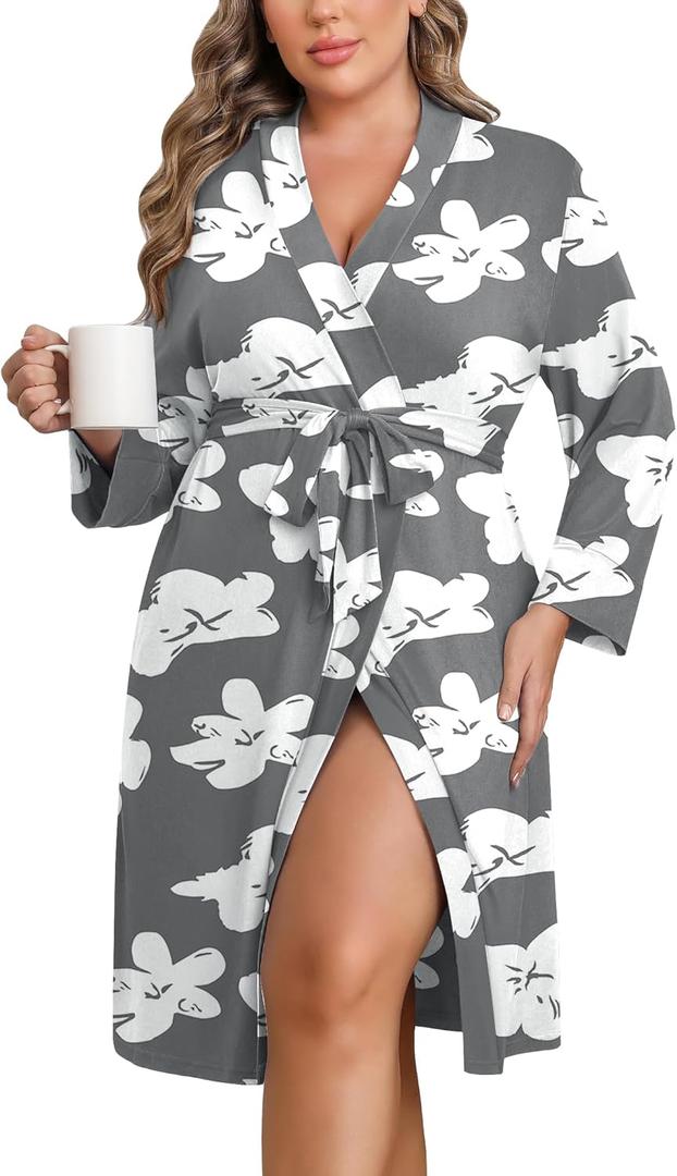 Ekouaer Women Plus Size Robe Knee Length Lightweight Bathrobe Short Kimono Robes with Pockets Maternity Robe 1X-5X (4X, Floral Gray)