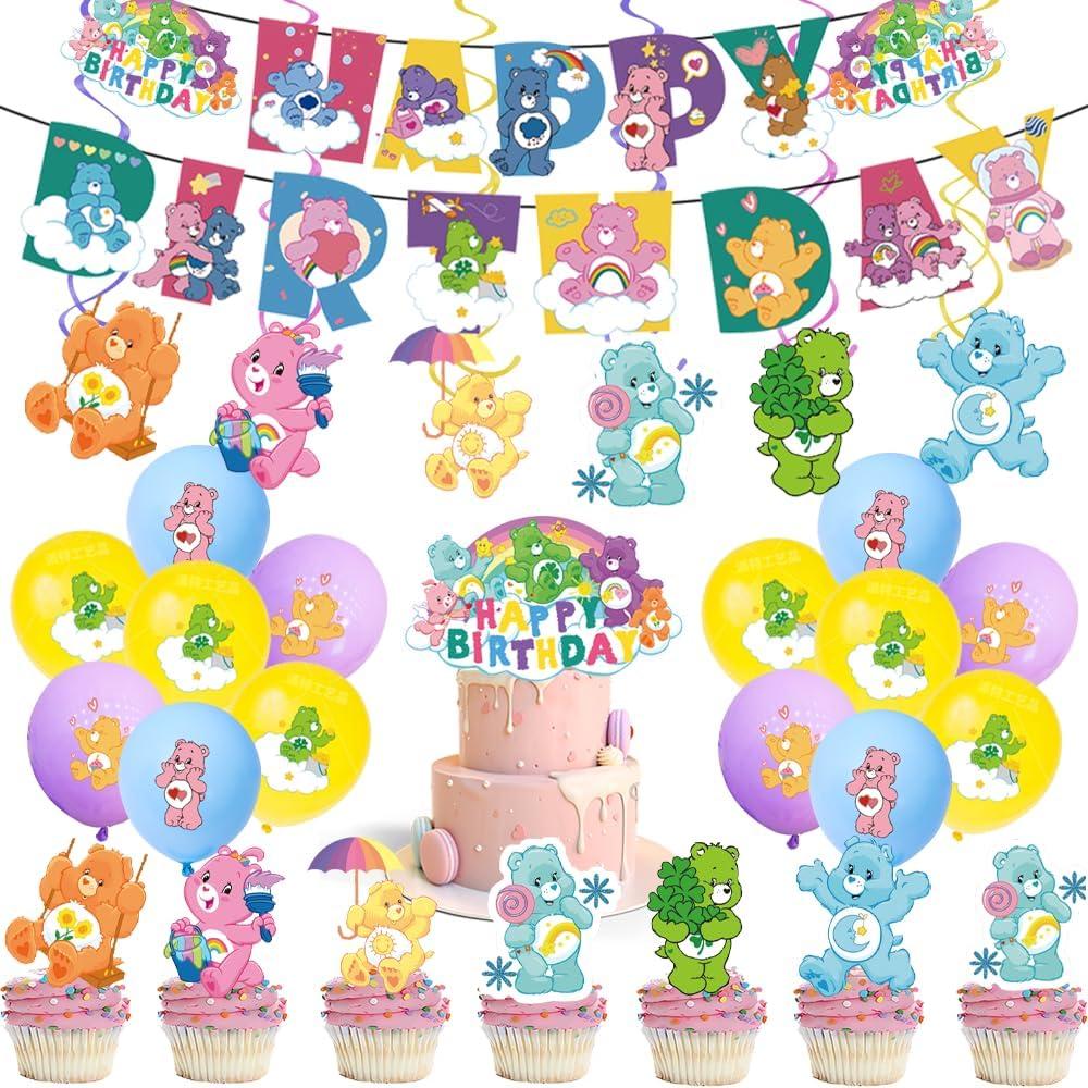 50pcs Cute Bears Party Decorations Pack - Birthday Occasion, Pink, Purple, Green, Blue - Includes Happy Birthday Banner, Cake Topper, Cupcake Toppers, Hanging Swirl, Balloons