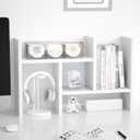 Jerry & Maggie Desktop Organizer Office Storage Rack Adjustable Wood Display Shelf Free Style Double H, Multi-Functional Mini Bookshelf for Desk Natural Stand (White), 14" x 6" x 11.8~23.6" inches