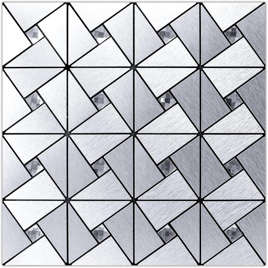 Art3d 10-Sheet Peel and Stick Backsplash Metal Mosaic Tiles for Kitchen Wall Decor, Stick on Aluminum Composite Tiles Stikers, Silver Windmill Puzzle Glass Mixed