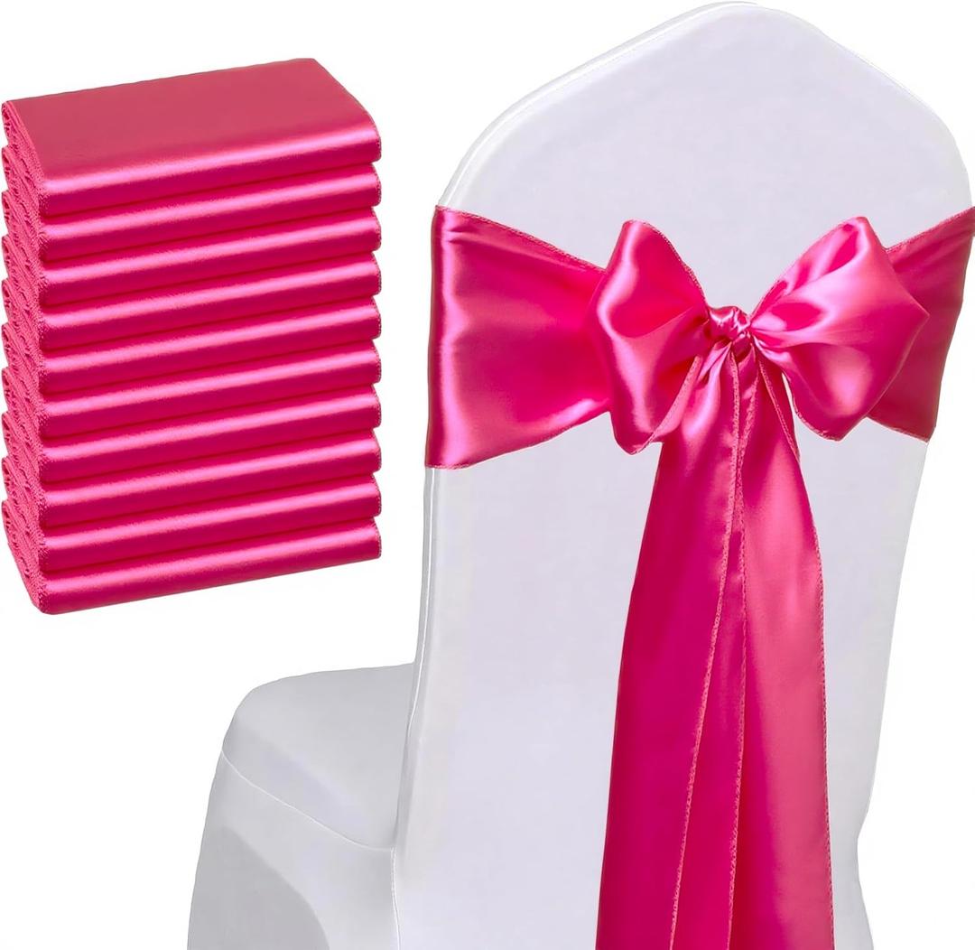 Pack of 50 Hot Pink Satin Chair Sashes Bows 7x108 inches Chair Ties Fushcia Chair Sashes Ribbons for Wedding Party Brithday Anniversary Ceremony Christmas Decor - Hot Pink
