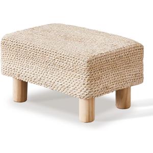 Cpintltr Foot Stool Ottoman Rectangular Footrest Pouf Ottomans Natural Seagrass Footstool with Wooden Legs Hand Weave Step Stool for Living Room Bedroom Entryway Natural White
