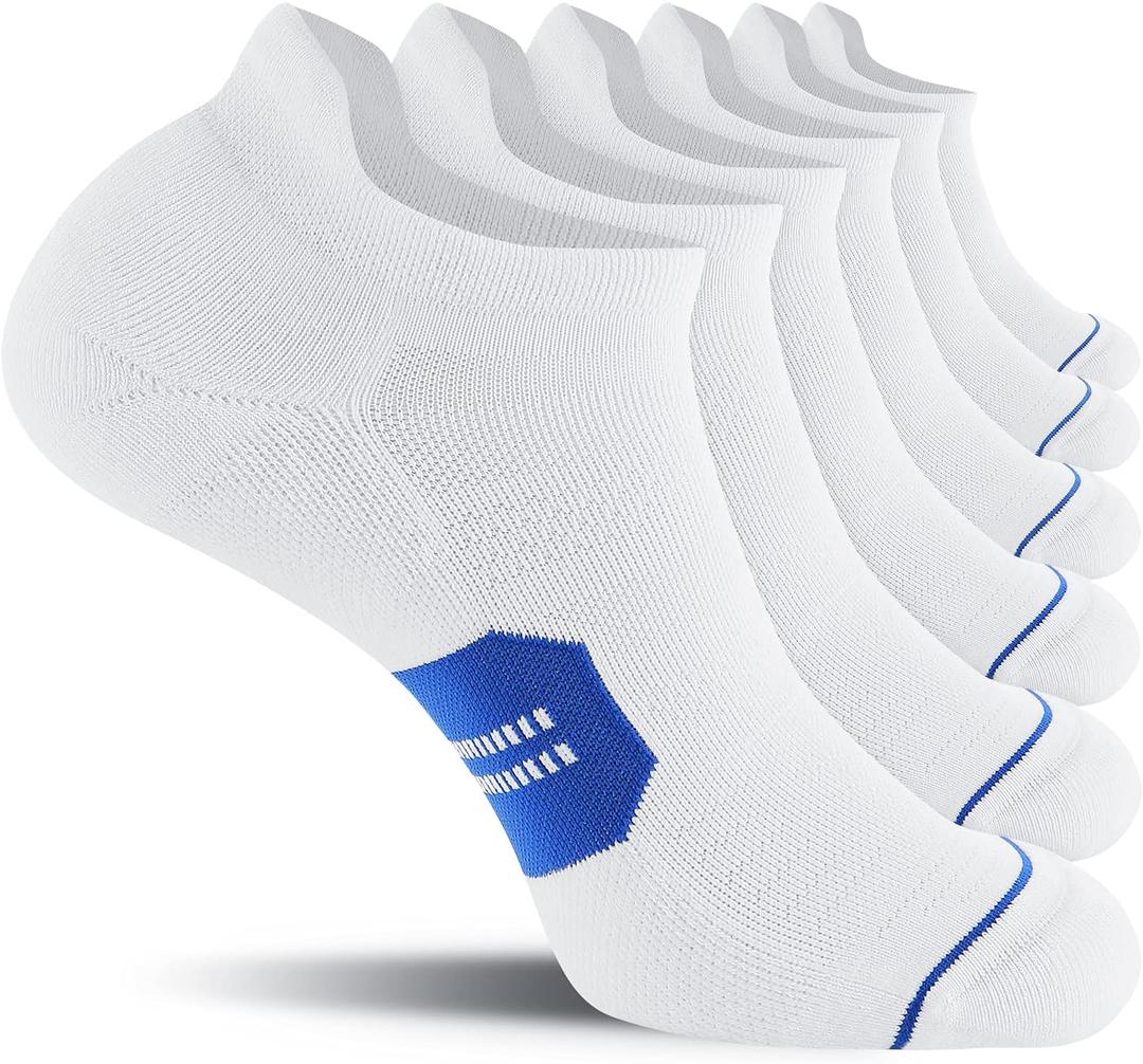 CS CELERSPORT 6 Pack Men's Running Ankle Socks with Cushion, Low Cut Athletic Sport Tab Socks (Medium, White Blue)