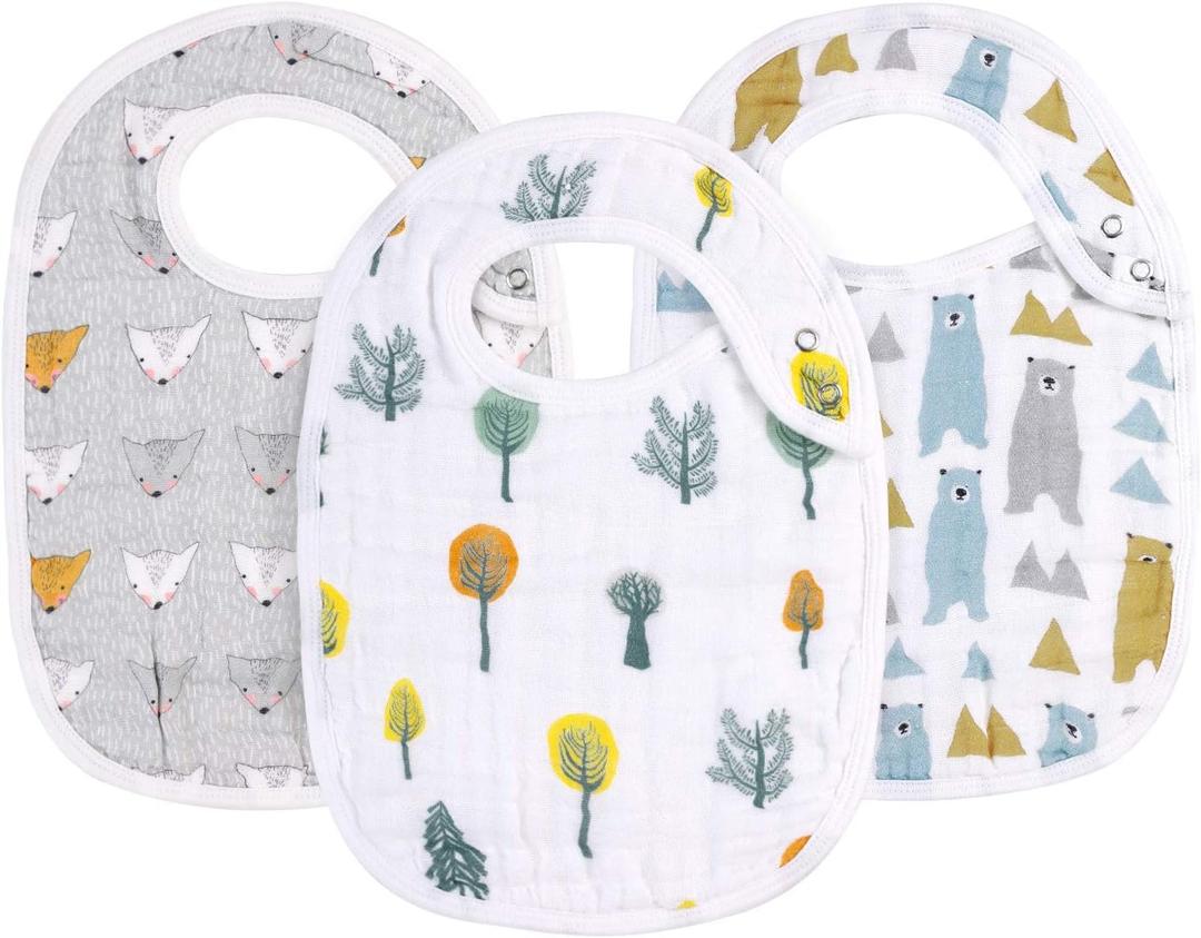 egmao baby Snap Muslin Bibs for Boys & Girls, 3-Pack Bibs for Infants, Newborns and Toddlers, 100% Cotton Muslin Absorbent & Soft Layers, Adjustable Snaps, “Bear, Hedgehog, Tree”
