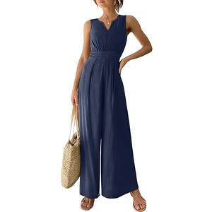 ANRABESS Jumpsuits for Women Summer Dressy Casual Linen Romper Sleeveless V Neck High Waist Wide Leg Beach Vacation Outfits L