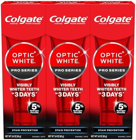 Colgate Optic White Pro Series Stain Prevention Hydrogen Peroxide Toothpaste, Teeth Whitening Toothpaste, Effectively Removes Tea, Coffee, and Wine Stains, Enamel-Safe for Daily Use, 3 Pack, 3.0 oz