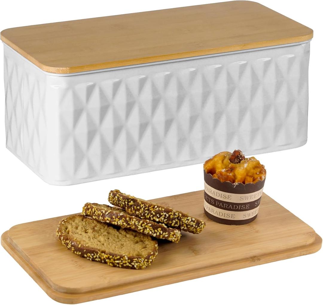 Large Bread Box for Kitchen Countertop Corner Breadbox for Homemade Bread Metal White Diamond Pattern Embossed Bread Storage Container Bin with Bamboo Lid
