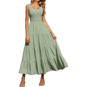 Women's 2025 Casual Loose Plain Maxi Sundress Smocked Tank Dress Sleeveless Summer Beach Tiered Long Dresses, S, Green