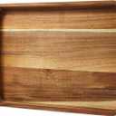 Acacia Wood Serving Tray with Metal Handles, 17x13in Food Drinks Tray for Coffee Table, Breakfast, Dinner & Bar, Natural Decorative Storage Tray for Ottoman, Kitchen, Packaging