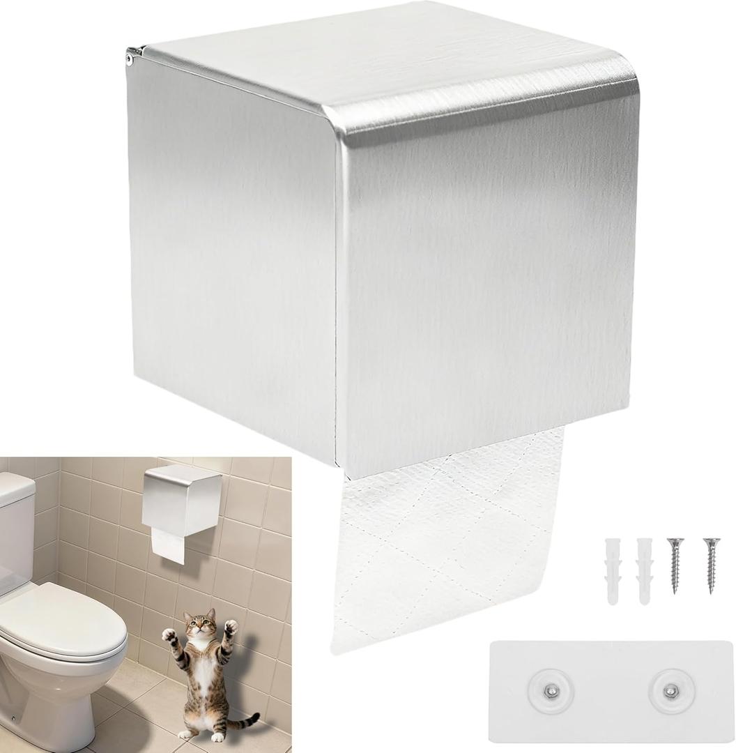 Cat Dog Proof/Waterproof/Covered Toilet Paper Holder with Storage, Stainless Steel Self Adhesive Toilet Paper/Tissue Holder/Dispenser Wall Mount for Bathroom No Drill (Silver)