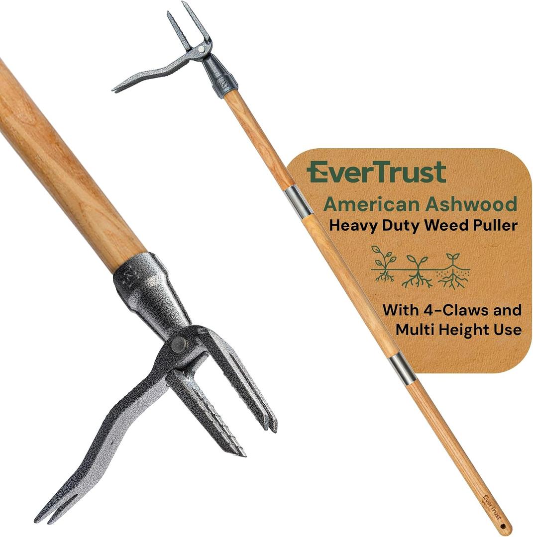 4-Claw Stand Up Weed Puller Tool with Long Handle - Adjustable 30"- 44" Heavy Duty Metal Head Weeder Tool with American Ashwood Handle, Easy Gardening Weed Removal, No Bending or Kneeling