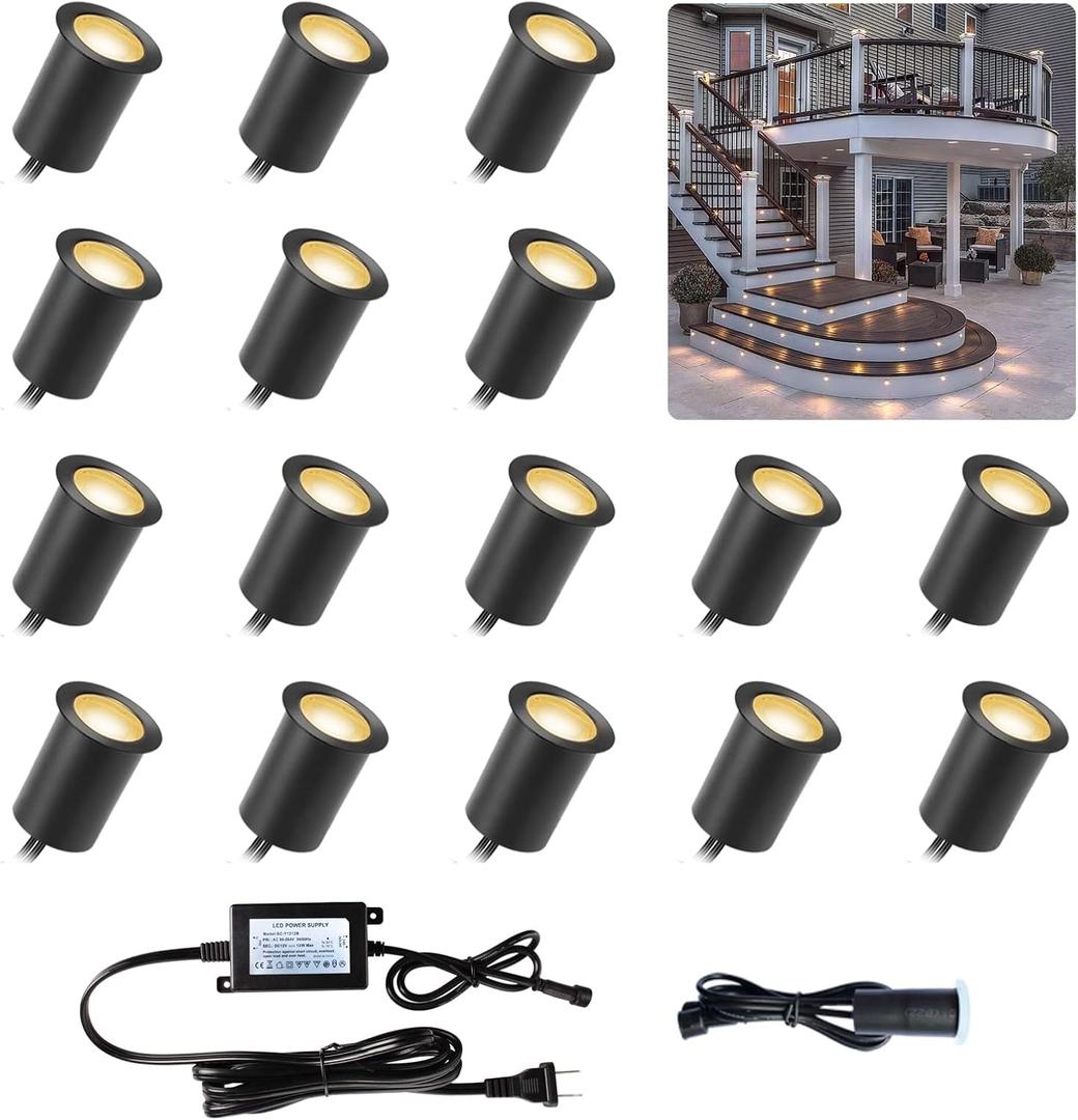 CISLAN Deck Lights with Photocell and Protecting Shell, Warm White Φ1.18in Low Voltage 12V DC IP67 Waterproof, Electric Wired Round Recessed LED Outdoor Stair Step Landscape Lighting, 16 Pack Black CISLAN Deck Lights with Photocell and Protecting Shell, Warm White Φ1.18in Low Voltage 12V DC IP67 Waterproof, Electric Wired Round Recessed LED Outdoor Stair Step Landscape Lighting, 16 Pack Black
