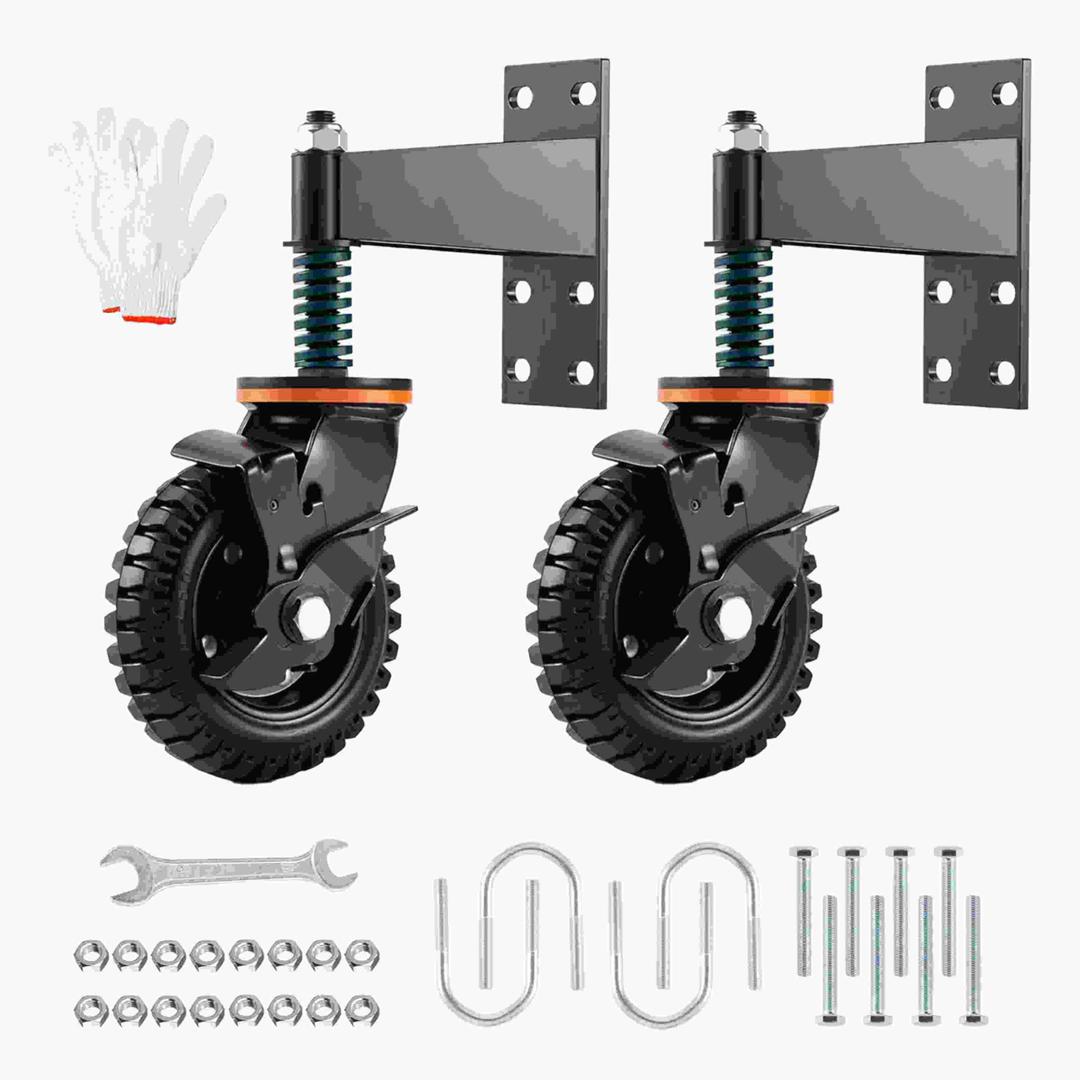 YeeJinHong 2 Pack 6 Inch Gate Wheel with Brake Heavy Duty Fence Wheel 360 Swivel, Spring Shock Absorption, 1000LB Capacity, All-Terrain Rubber Tire & Metal Bracket for Sliding Farm Garden Gates