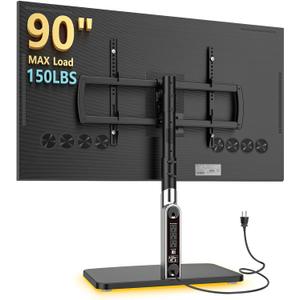 Universal TV Stand Tabletop TV Mount with Power Outlet for 50-90 Inch OLED LED Monitors, 9 Levels Height Adjustment, Ambient Lighting on The Bottom Holds up to 150lbs, Black 600x400mm