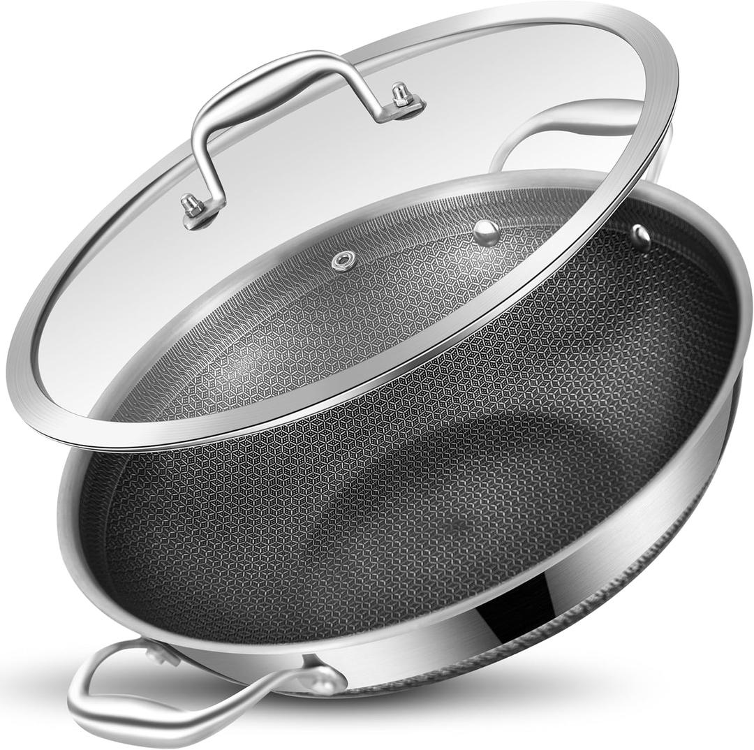 LOLYKITCH 13 Inch New Hybrid Tri-Ply Stainless Steel Wok Pan with Lid,Ceramic Non Stick Stir-Fry Pans,Induction Cooking Pot,Dishwasher and Oven Safe