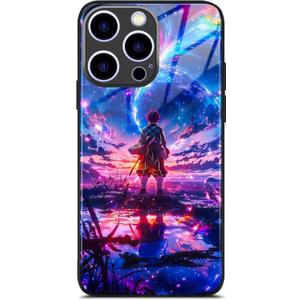 Japanese Anime Manga Case for iPhone 14, Aesthetic Art 9H Glossy Tempered Glass Back Shockproof Protective Cover (Tanjiro)