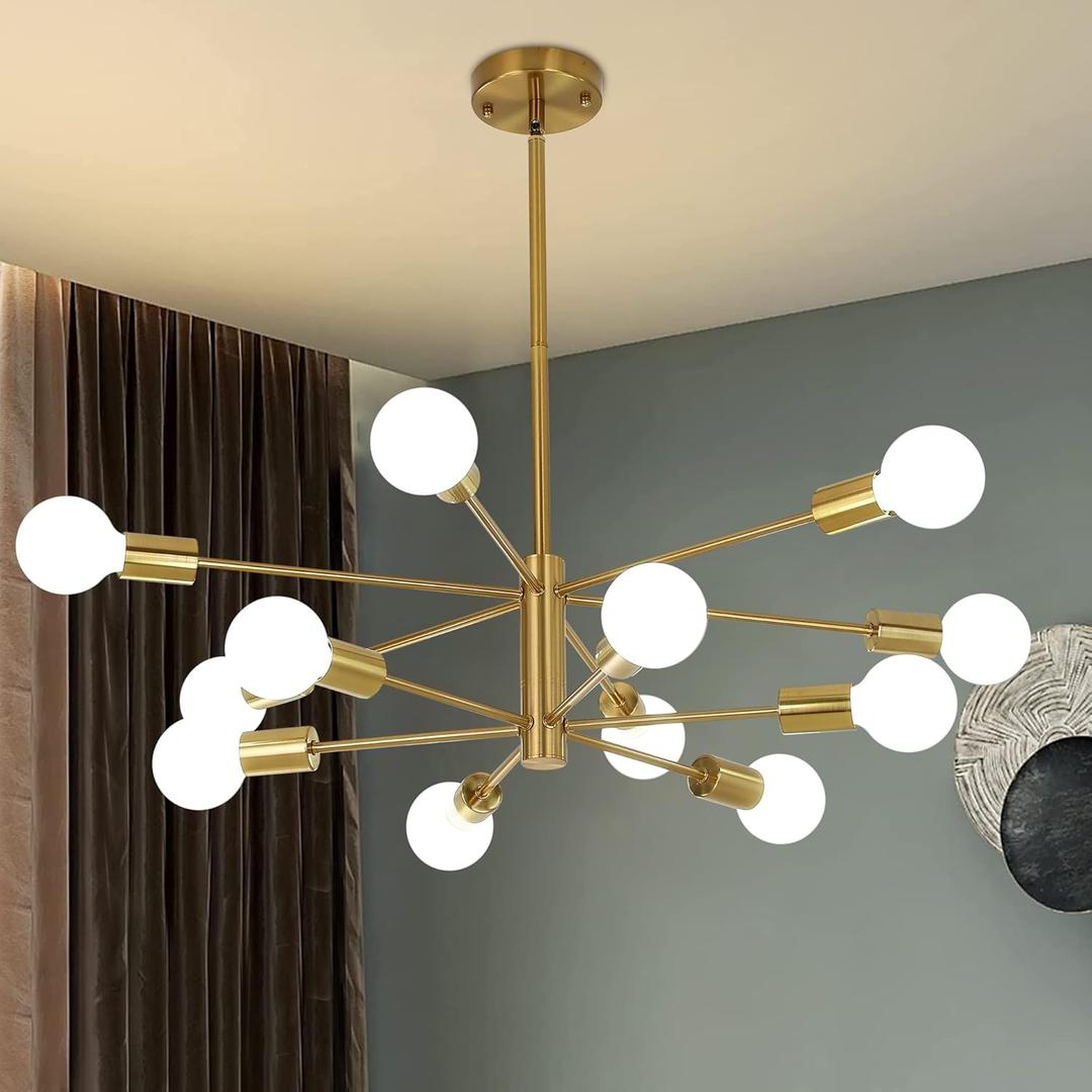 12-Light Modern Sputnik Chandelier, Mid Century Gold Ceiling Chandeliers, E26 Base, Branch Height Adjustable Pendant Lighting Fixture for Kitchen Island Dining Room Living Room Bedroom