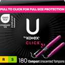 U by Kotex Click Multipack Tampons, Compact, Regular/Super Absorbency, Unscented, 180 Count (6 Packs of 30) (Packaging May Vary)