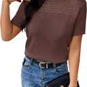 RICHSTORY Womens Spring Fashion 2026 Casual Crewneck Short Sleeve Sweater Soft Lightweight Hollow Out Knit Tunic Blouse Summer Sweater for Women Coffee Large
