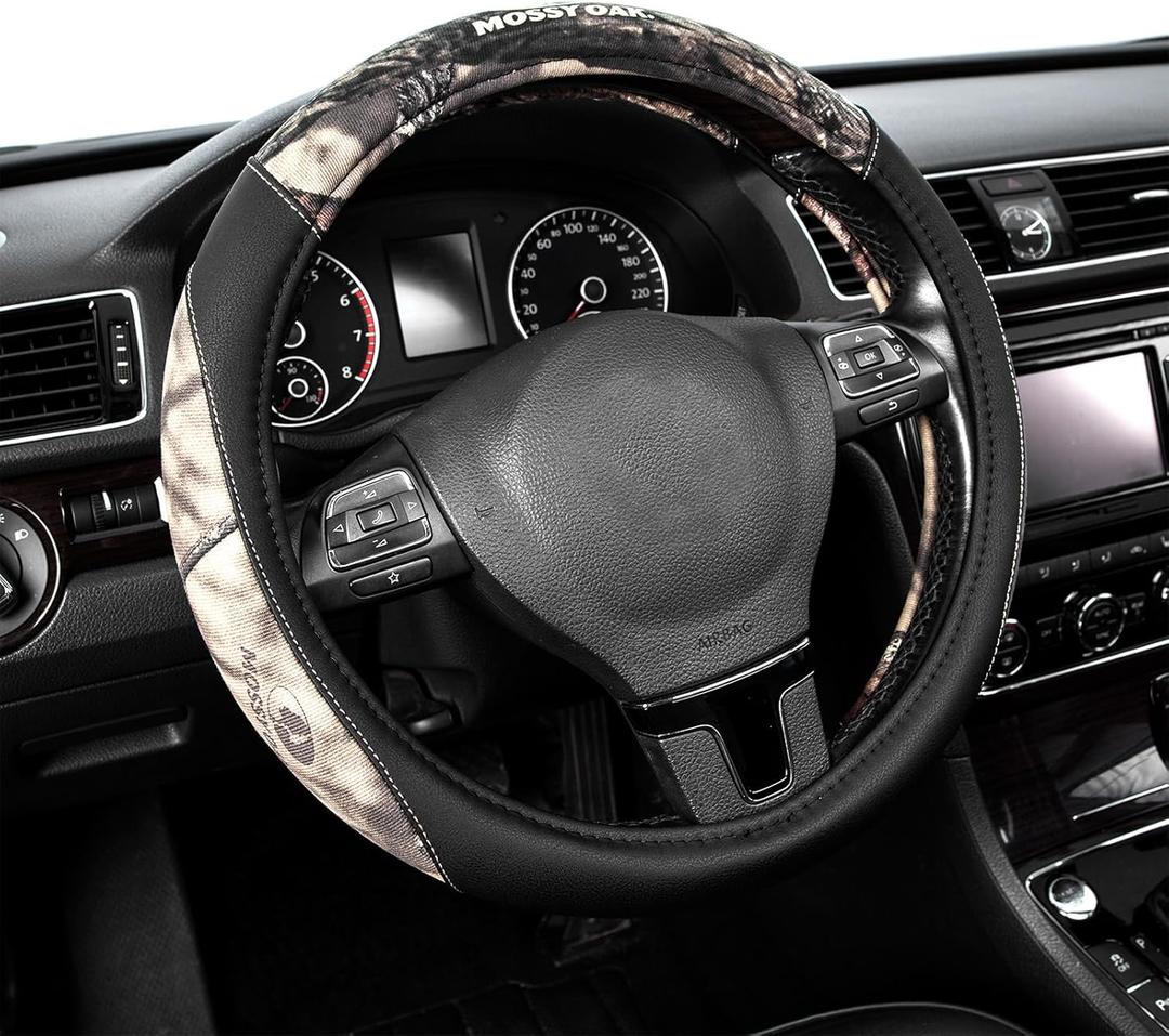 Mossy Oak Camo Steering Wheel Cover - PU Leather and Cotton Twill, Universal Fit 14 1/2 inches to 15 inches - Officially Licensed Product
