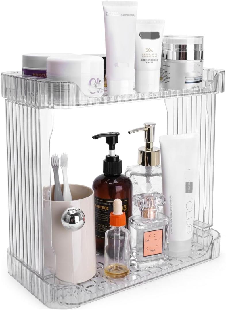 Ayswupt Acrylic 2 Tier Bathroom Counter Organizer,Makeup Organizer for Vanity,Clear Organizer Shelf for Kitchen Sink Countertop Storage,Perfume Tray for Dresser,Decor Tray for Skincare Cosmetics