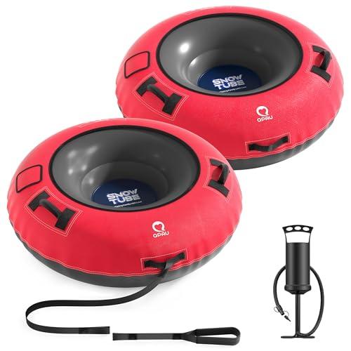 QPAU Snow Tube with Premium Canvas Cover 2 Pack for Kids and Adults, 48'' Inflatable Heavy Duty Snow Tube Made by Thickened Bottom, Sled Winter Outdoor Fun Toys for Children Boys Girls (Red & Red)